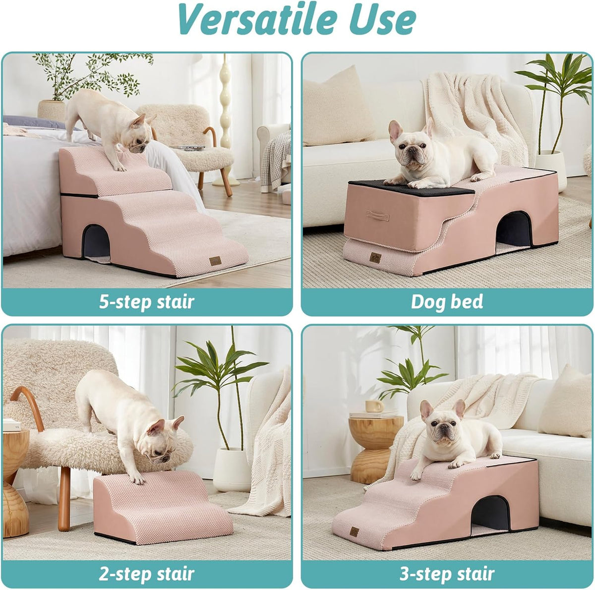 Extra Wide Dog Stairs with Tunnel, Detachable Large Pet Step for Small Medium Dog, Puppy or Cat, Ramp for High Bed, Couch, Sofa or Car, Stable, 19.7x33x22.4 inch, 5 Step, Pink