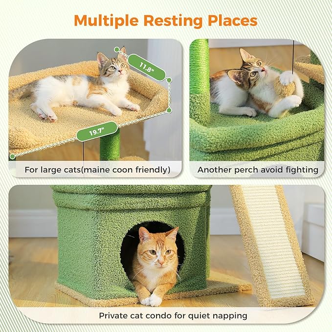 PEQULTI Small Cat Tree Cactus Cat Tower for Large Adult Cats with Wide Top Perch, Private Cat Condo and Sisal Scratching Post&Pad for Indoor Cats, Green