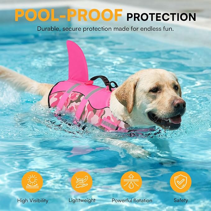 Dog Life Jacket Ripstop Dog Shark Safety Vest Adjustable Preserver with High Buoyancy and Durable Rescue Handle for Small,Medium,Large Dogs, Pink Camouflage X-Small