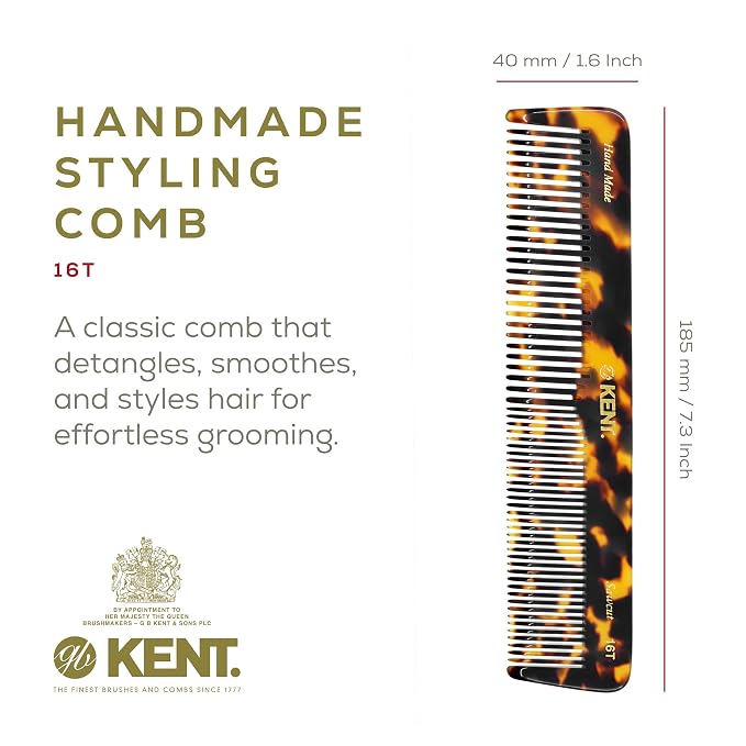 Kent 16T TY Fine Tooth and Wide Tooth Comb for Daily Grooming, Handmade Styling Comb for All Hair Types, Styling and Detangling Combs for Men and Women