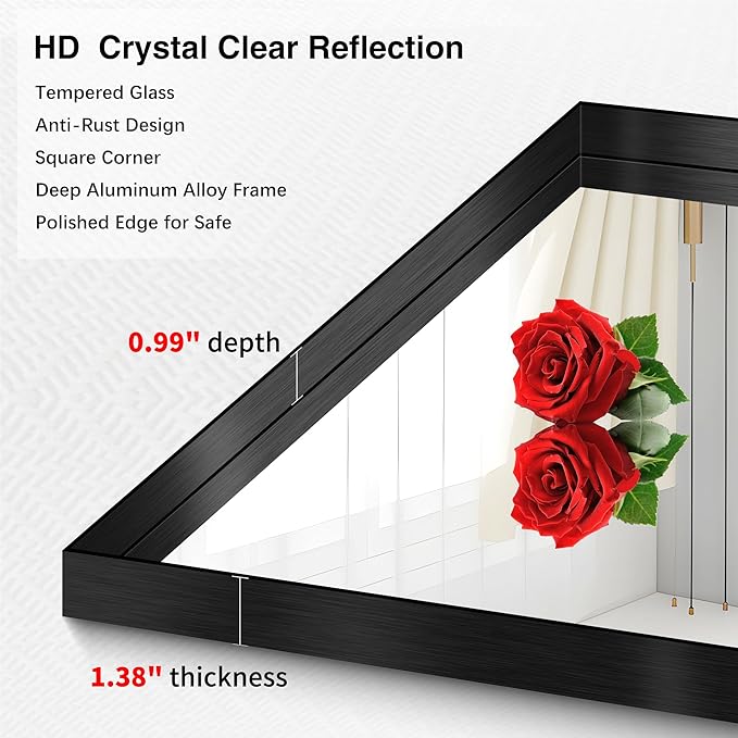 Black Bathroom Mirror, 36x48 Inch Rectangular Deep Frame Mirror, Large Wall
