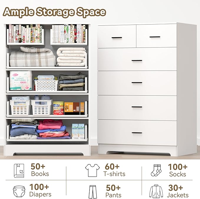 Dresser with Power Outlets Wooden 6 Drawer Dresser with Large Organizer White