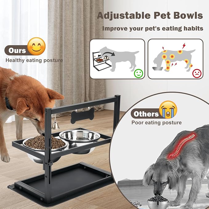 Elevated Dog Bowls with Slow Feeder for Large and Medium Dogs, Adjustable Height Raised Dog Bowl Stand with 2 Stainless Steel Bowls and Spill-Proof Mat, Dog Feeder for Healthy Eating (Grey)