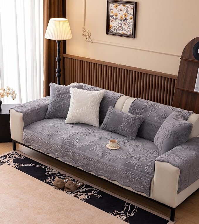 Grey Fuzzy Rabbit Plush Sofa Cover Cozy Warm Sofa Couch Covers with 3D Jacquard Leaf Pattern Non-Slip Easy-to-Install Shaggy Sofa Slipcover Prefect for Kids Dogs Cats Cats(Grey,36"x70")