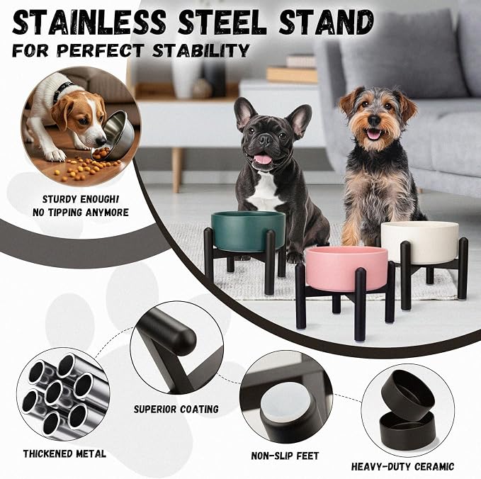 Raised Ceramic Dog Bowl Set with Stand, 2 Cups Elevated Dog Food Stand | 6.1'' Single Dog Food or Water Bowl Set, Non-Slip Dog Feeding Dishes for Small to Medium Breeds, 28.75 OZ, Black