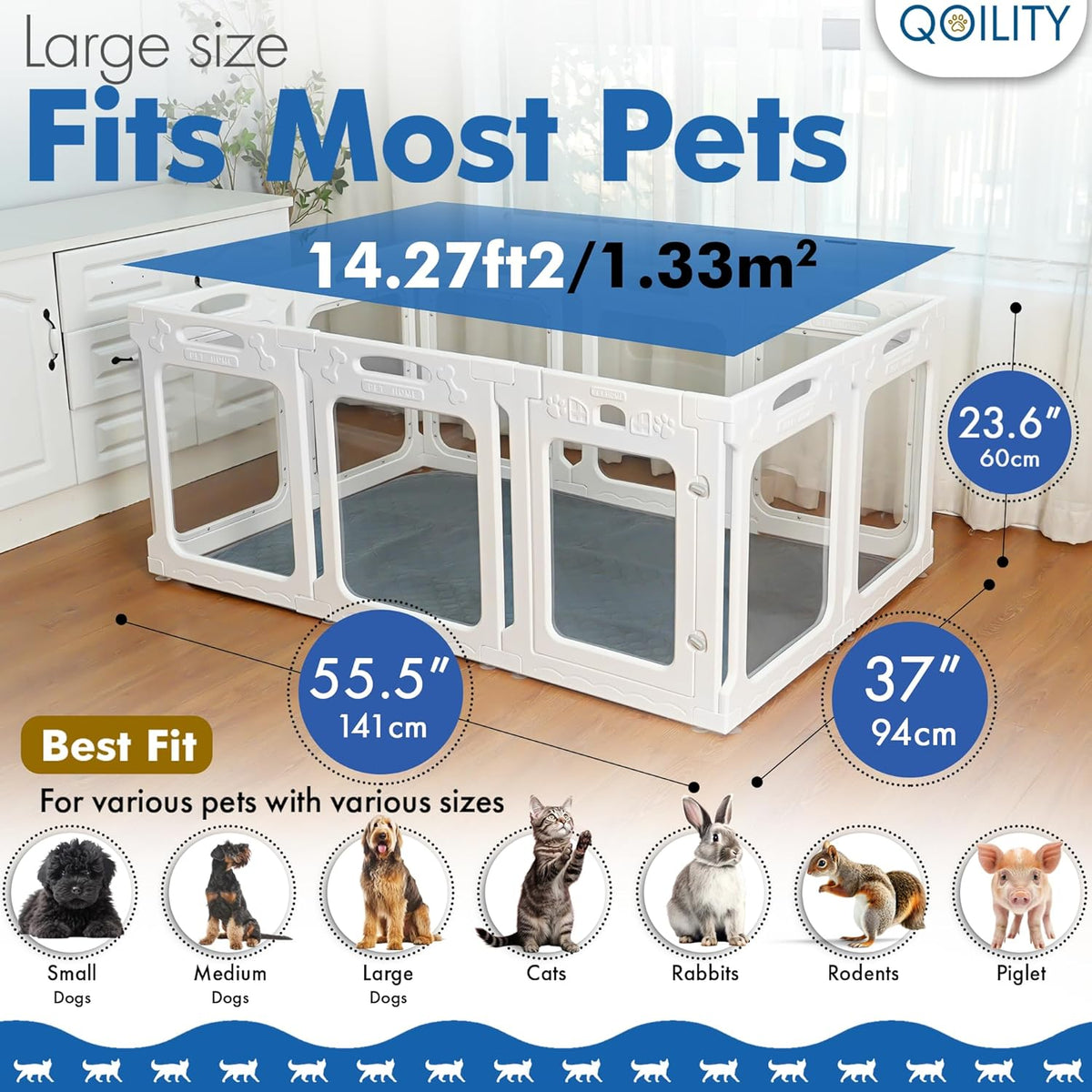 Clear Dog Play Pen Indoor, Effectively Relieves Indoor Pet Anxiety, 56" x 37" x 23.6"H, Suitable for Dogs and Puppies, White