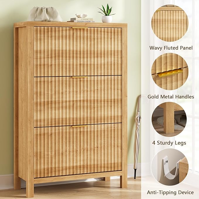 Shoe Cabinet Storage for Entryway, Fluted Shoe Cabinet