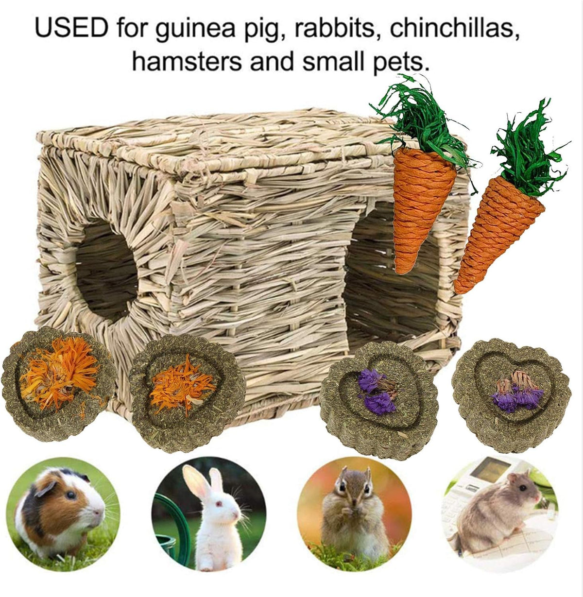 kathson 2 Pcs Rabbit Grass House Natural Foldable Hand Woven Seagrass Bed Carrot Hay Toy Hut Safe Comfortable Playhouse with Bunny Chew Toys for Bunny Hamster Guinea Pig Chinchilla Ferret