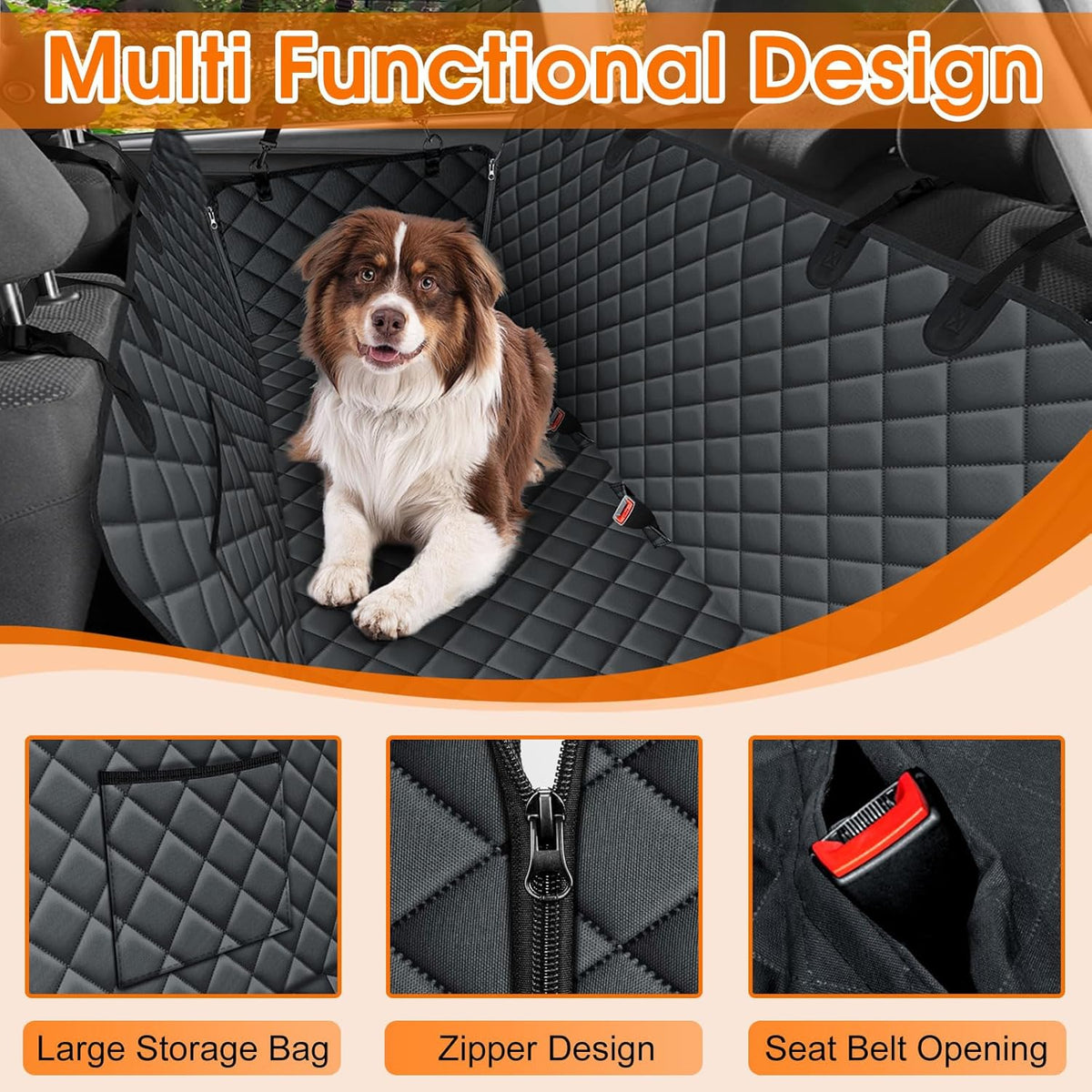 Waterproof Dog Car Seat Cover for Back Seat - Durable, Scratch Proof Pet Hammock with Nonslip Design & Storage Pockets, Fits Cars, SUVs, Trucks- S, Black