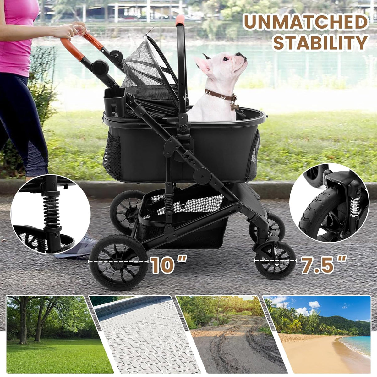 Pet Stroller with 4 Wheels, Foldable Pet Travel Carrier for Small/Medium Dogs Cats up to 50lbs, Detachble Portable Pet Bag, Storage Basket, Car Seat 3 in 1 Multifunctional (Black)