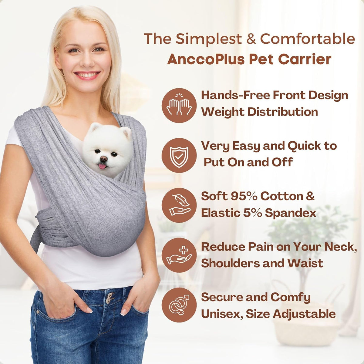 Dog Carrier for Small Dogs, Front Facing Dog Carrier Sling, Hands Free Cat Sling, Size Adjustable, Reducing Back Pain, Soft Cotton, Premium Dog Sling Carrier (Plus, Heather Gray)