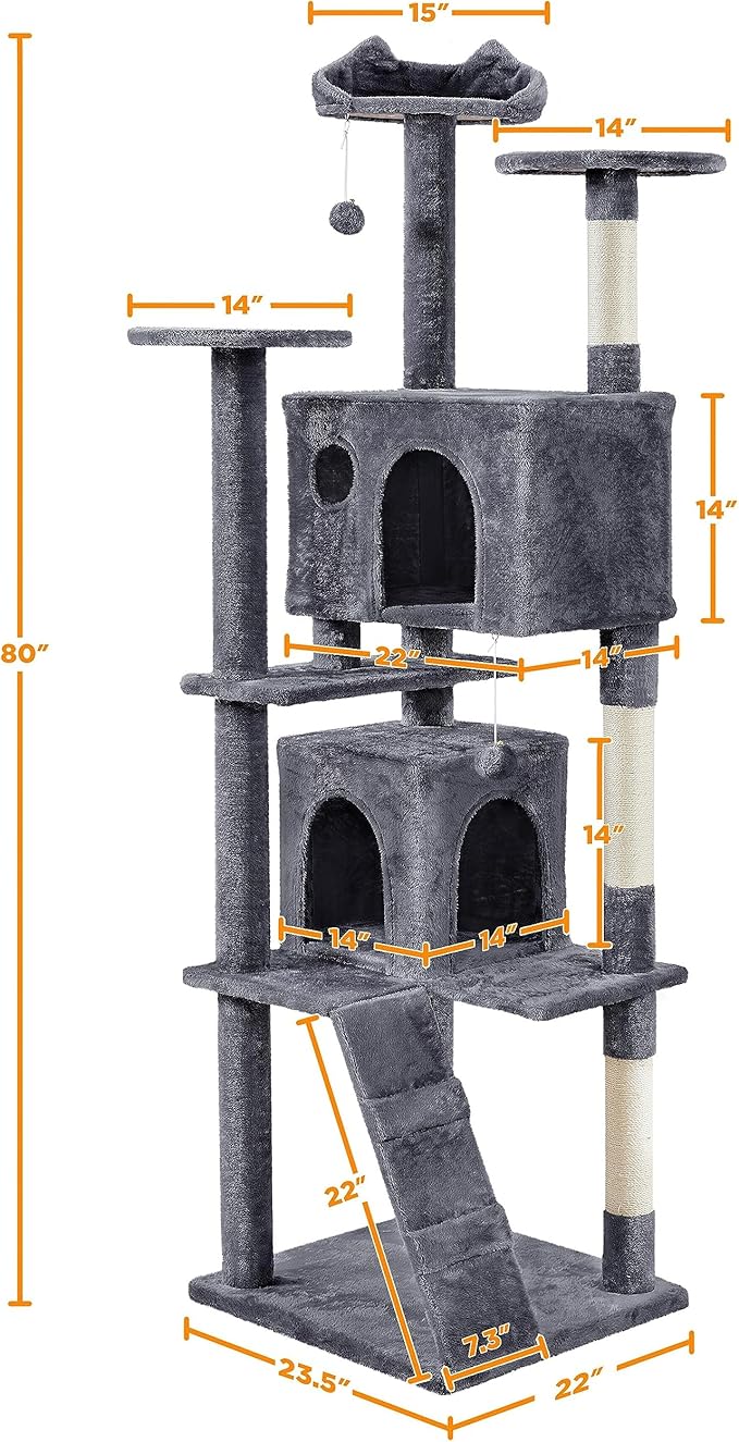 Yaheetech XL Cat Tree, 80in Multi-Level Tower With Scratching Posts, Double Caves, Perched Platforms and Dangling Balls, Stand House for Kittens Pet, Dark Gray