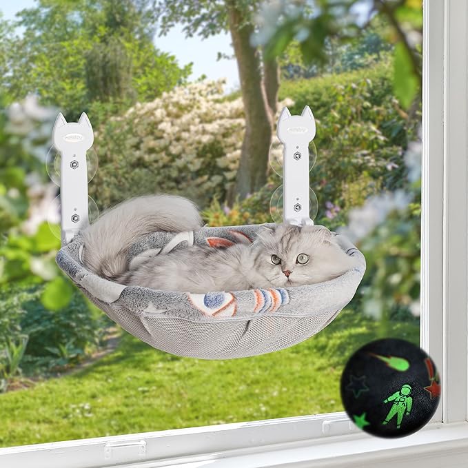 Cat Window Perch, Glow in The Dark Foldable Cat Hammock with Sunken Design & Removable Soft Cover, Breathable Cordless Window Bed for Resting Indoor Kitten (Grey Deep Perch, Medium)