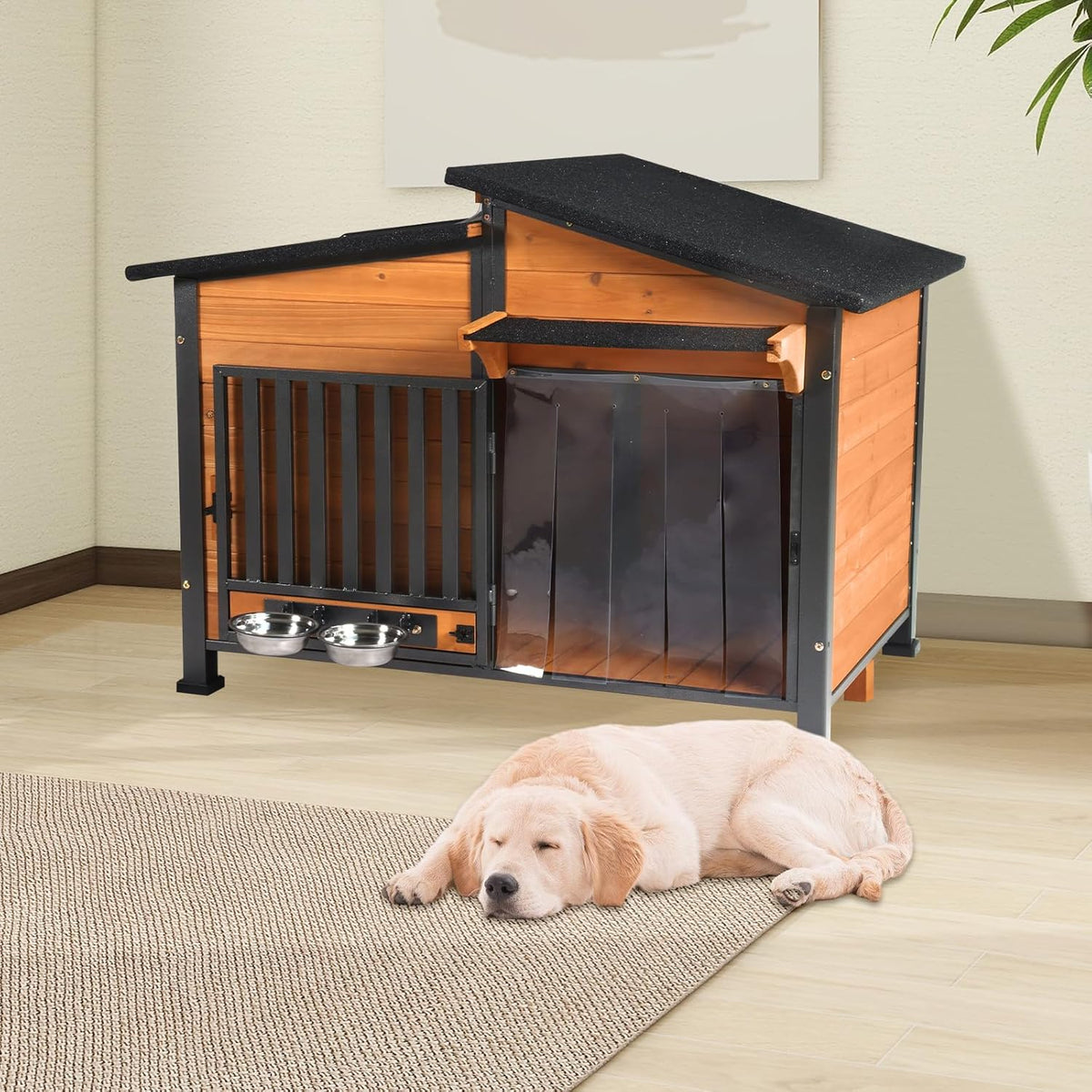 Chew-Resistant Dog House with Metal Frame, Wooden Kennel for Indoor & Outdoor Use, Waterproof Roof & Feeding Bowls Included (Wood, L)