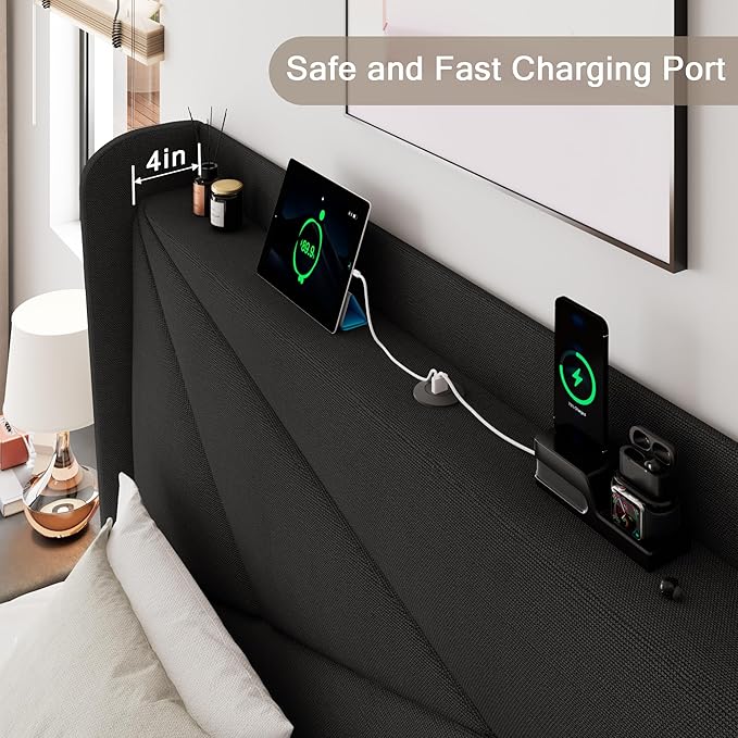 Full Size Upholstered Bed Frame with Charging Station, Platform Bed Frame with Storage Headboard, Solid Wood Slats Support, No Box Spring Needed, Black