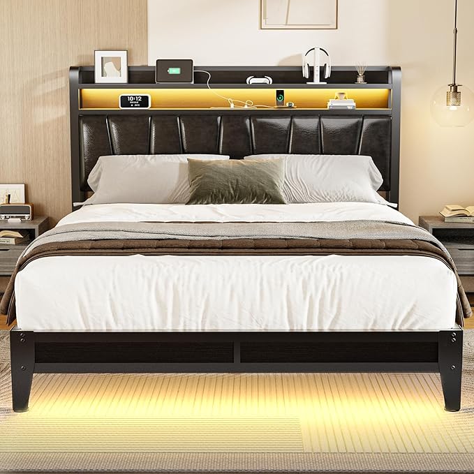 Full Size Bed Frame with 2-Tier Storage Shelves, LED Bed Frame with PU Leather Headboard, Metal Platform Bed with Charging Station, Noise Free, No Box Spring Needed, Easy Assembly, Black