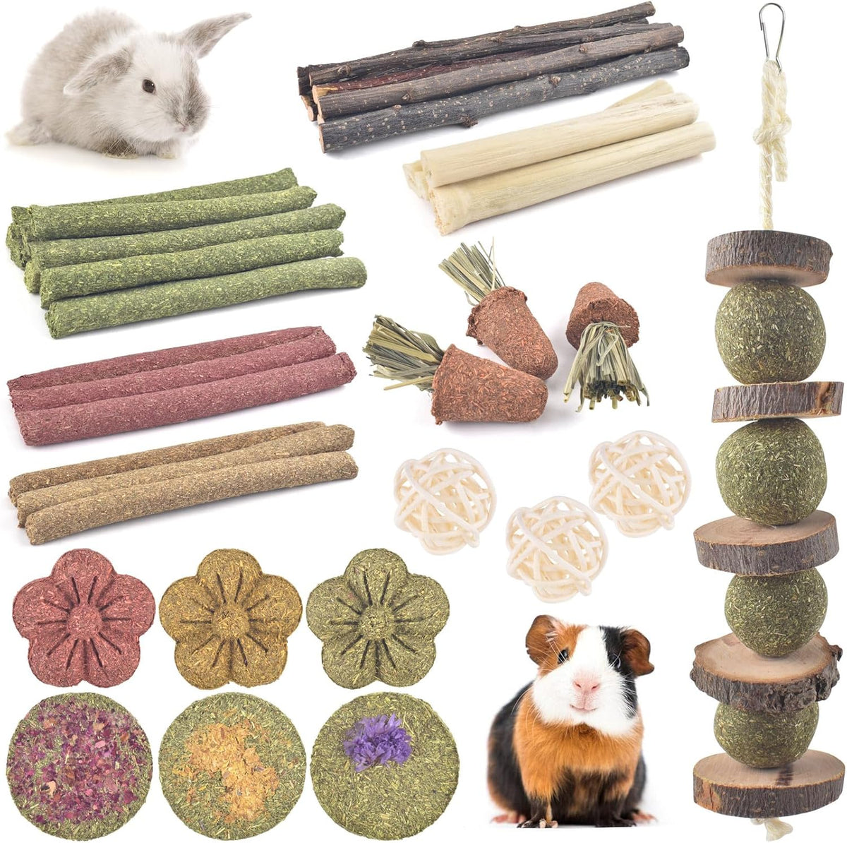 ERKOON Bunny Toys Boredom, 42 PCS Bunnies Timothy Hay Sticks Carrots Rose Grass Cake Dental Care, Molar, Chinchillas Toy Chew Toy, Guinea Pigs, Hamsters, Chinchilla, Rabbit Chew Toys for Teeth