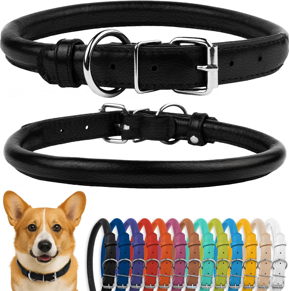 CollarDirect Rolled Leather Dog Collar, Soft Padded Round Puppy Collar, Handmade Genuine Leather Collar Dog Small Large Cat Collars 13 Colors (13-16 Inch, Black Textured)