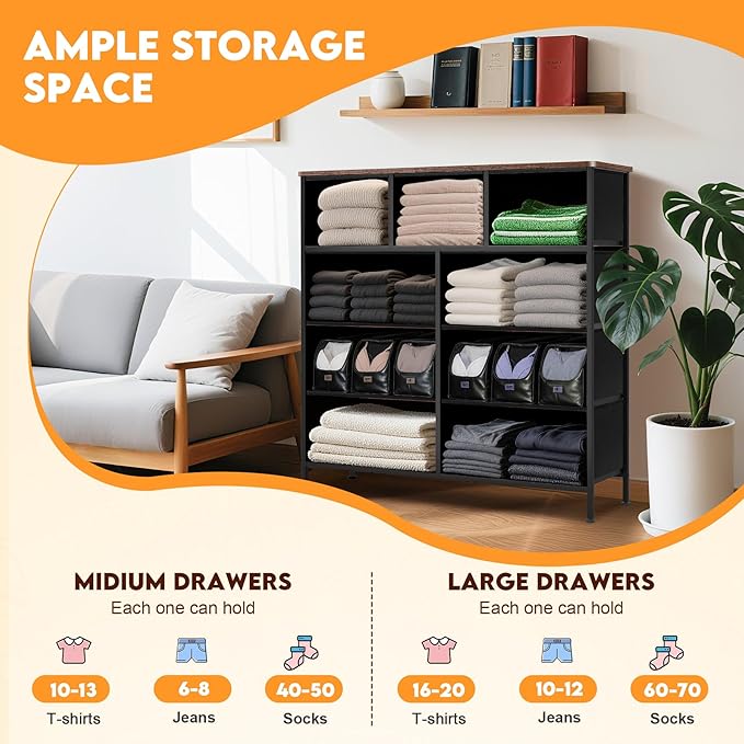 Curved Profile Dresser for Bedroom, Chest of Drawers, 9 Storage Drawers