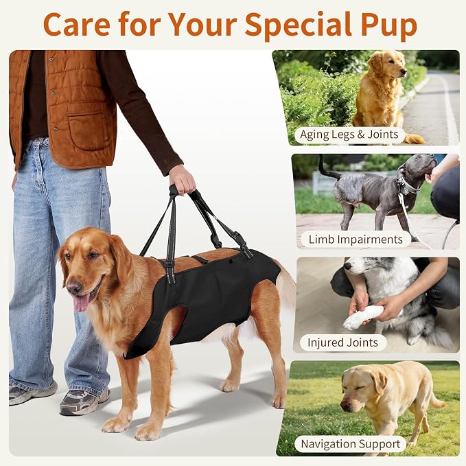 Full Body Dog Lift Harness, Support Senior & Disabled Dogs Walking | Help Up & Down Stairs Grooming, Dog Sling Backpack, Front Hind Leg Joint Injuries, Reflective, Soft Padded Handle | Black, L