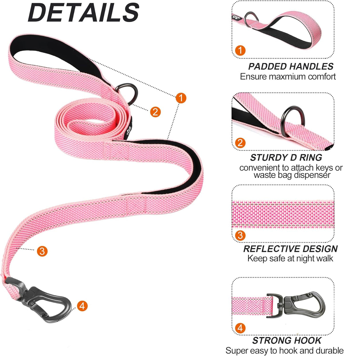 TwoEar 5FT 1IN Strong Pink Dog Leash with 2 Padded Handles, Traffic Handle Extra Control, Comfortable Soft Dual Handle, Auto Lock Hook, Reflective Walking Lead for Small Medium and Large Dogs