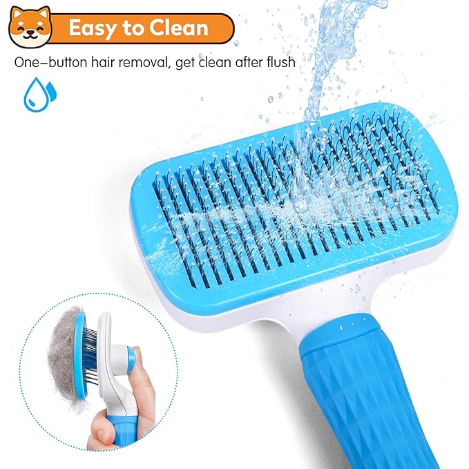 Dog & Cat Brush, Self Cleaning Slicker Brush for Pets, Upgraded Dog Brush for Shedding Massaging and Grooming, Removes Loose Undercoat & Portable Comb for Long Short Haired Dogs(Blue)
