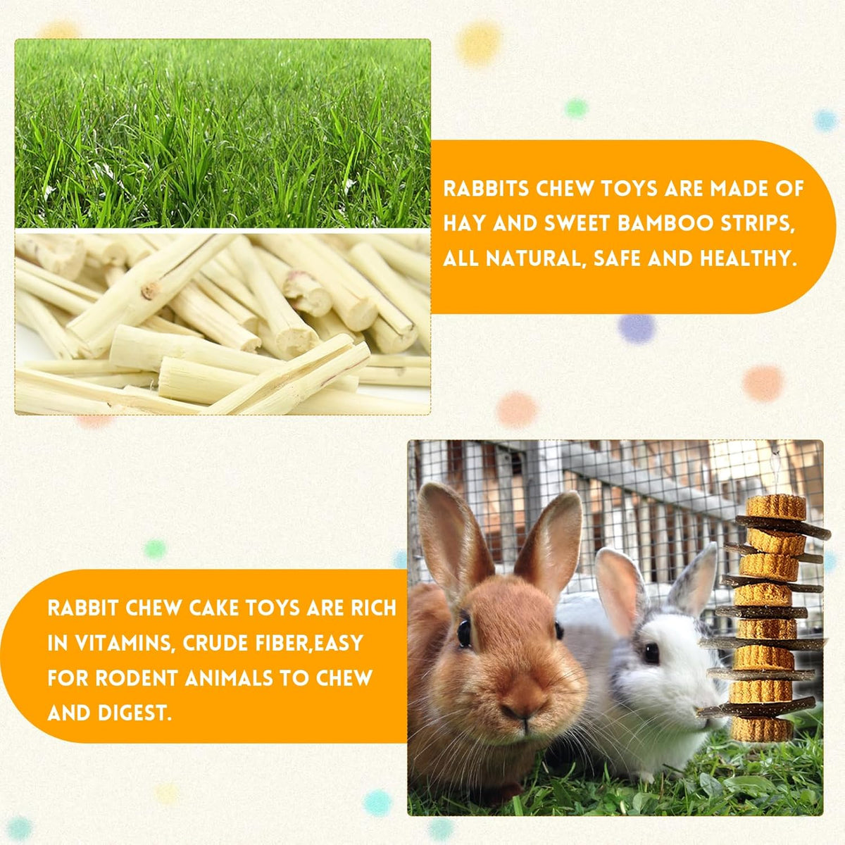kathson Natural Small Animal Chew Toys for Teeth,4 PCS Rabbit Hanging Chewing Treats with Natural Organic Apple Stick Timothy Grass Carrot Cake for Hamsters Squirrel Guinea Pig Rabbits
