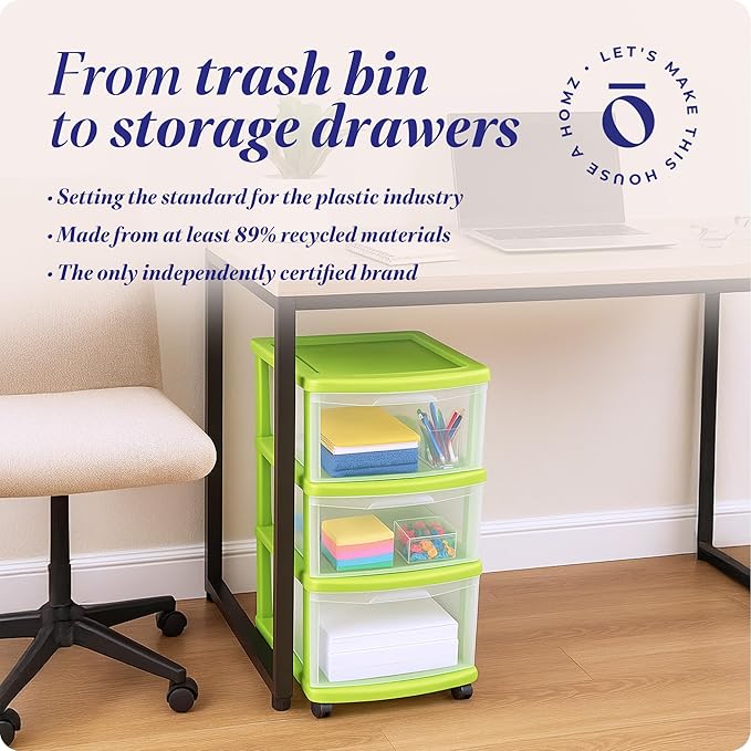 HOMZ Drawer Tower, 3-Tier Clear Plastic Storage Organizer Cart, Bold Lime Frame