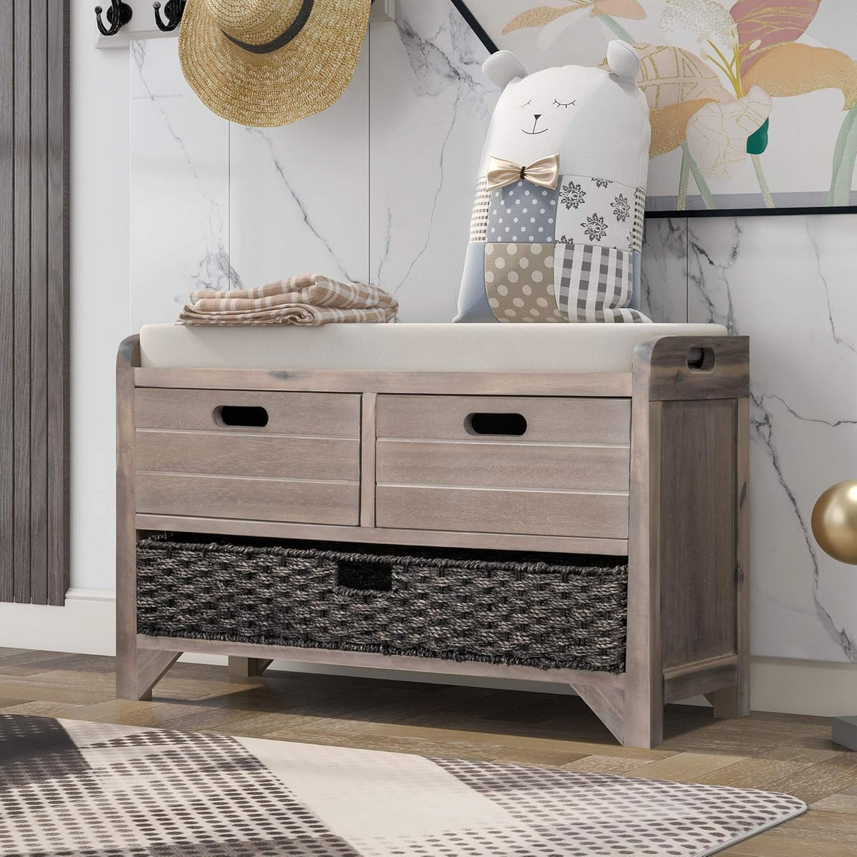 Storage Bench Removable Basket 2 Drawers Fully Assembled Acacia Wood Shoe Bench Standing Shoe Rack Removable Cushion for Living Room, Entrance Hallway, No Assembly Required White Washed