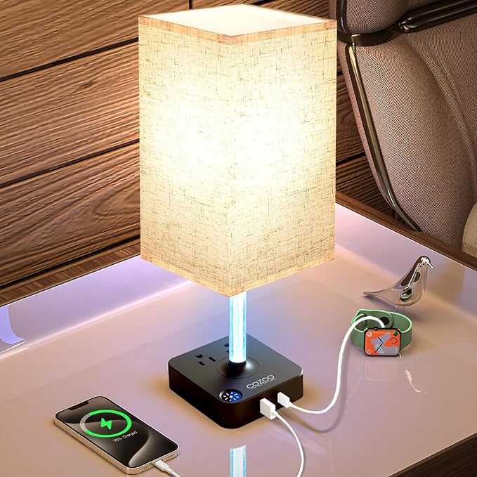 COZOO 3 Way Dimmable Touch Bedside Table Lamp with 3 USB Charging Ports 2 Outlets Power Strip,Black Charger Base White Fabric Shade,LED Desk Night Light for Bedroom/Nightstand/Living Room/College Dorm