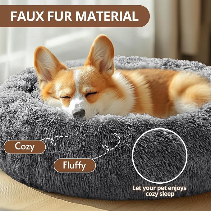JOLLYVOGUE Calming Dog Bed Medium Size Dog, Anti-Anxiety Donut Medium Pet Bed, 27 inches Fluffy Faux Fur Round Cat Bed (Smoke Black)