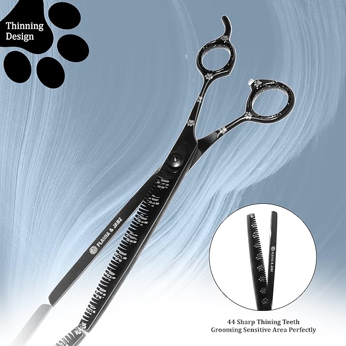 Professional Dog Grooming Thinning Scissors/Blender Shears with Paw Prints for Dogs, Cats & Pets (Right Handed, Black, Stainless Steel 8 Inch)