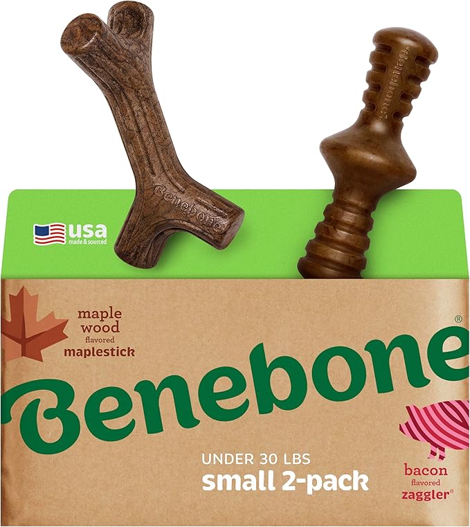 Benebone 2-Pack Maplestick/Zaggler Durable Dog Chew Toys, Real Maplewood, Real Bacon, Made in USA Small