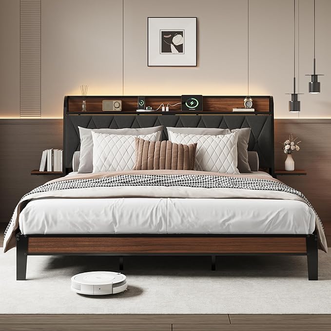 WLIVE King Size Upholstered Bed Frame with 2 Side Shelves, Linen Tufted Storage Headboard with Charging Ports and LED Light, Metal Solid and Stable, No Box Spring Needed, Easy Assembly, Brown