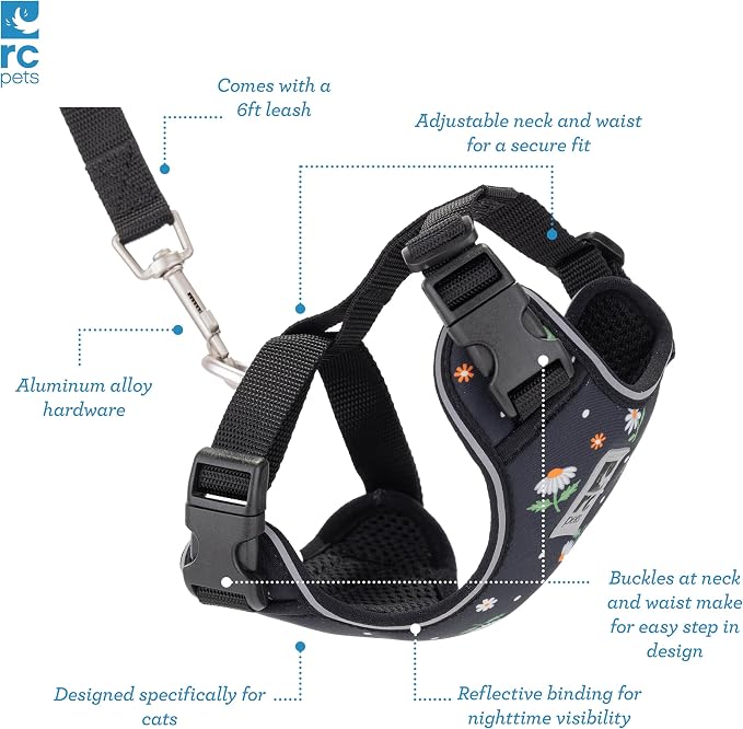 RC Pets Adventure Kitty Cat Harness | Adjustable Airmesh Vest with D-Ring and 6ft Leash for Walking and Travel | Daisies, Medium