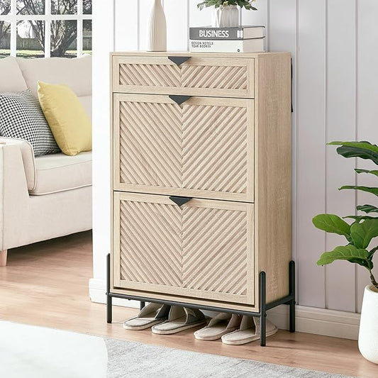 Shoe Cabinet Storage with 2 Flip Drawers, Narrow Hidden Shoes Cabinet Organizer