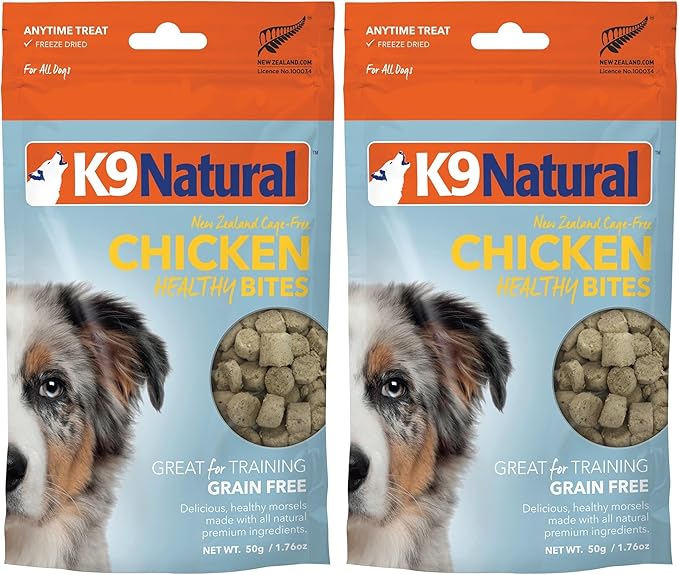 K9 Natural, Freeze-Dried Single Ingredient Dog Treats, High-Value, Low-Calorie Protein Bites for Active Dogs, Healthy Dog Training Treats, Grain-Free Reward, Chicken, 1.76oz (Pack of 2)