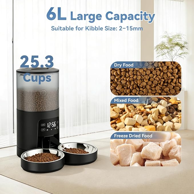 DUMOS 6L Automatic Cat Feeder for 2 Cats, Timed Pet Food Dispenser, Black | 2 Stainless Bowls, 10s Voice Call, Dual Power Supply, 6 Meals Per Day, 50 Portions Per Meal, Dual Pet Feeder for Cat and Dog