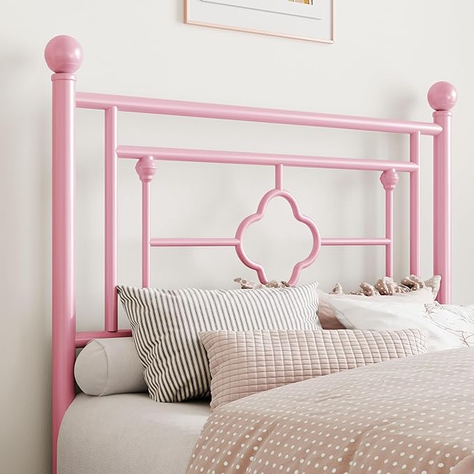 SHA CERLIN 14 Inches Twin Size Metal Platform Bed Frame/Vintage Iron-Art Headboard and Footboard/Mattress Foundation for Storage/No Box Spring Needed/Noise-Free/Easy Assembly/Pink