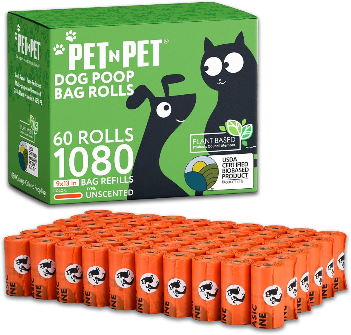 Pet N Pet 1080 Counts Orange Poop Bags for Dogs, 41% Plant Based & 59% PE Extra Thick Dog Poop Bags Rolls, 9" x 13", Unscented Pet Waste Bag