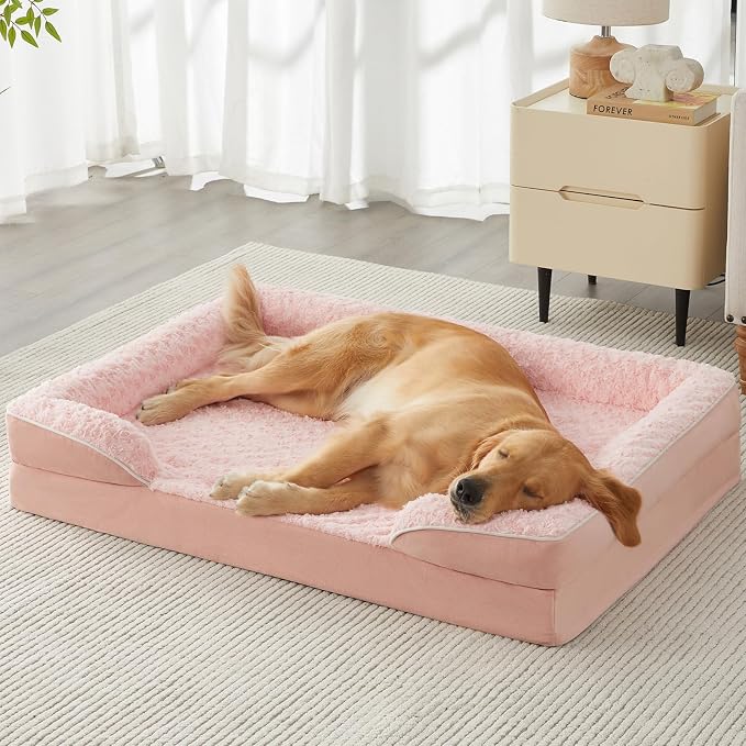 WNPETHOME Orthopedic Washable XXL Dog Bed for Senior Dog Cozy Sleep | Extra Large Waterproof Big Soft Dog Couch Sofa Bed for Dogs Relax with Removable Cover Supportive Pet Bed Pink 48x35 Inch