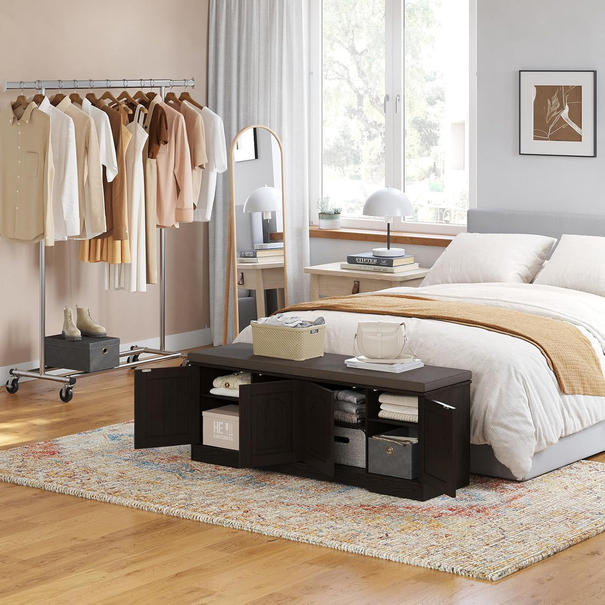 DINZI LVJ Shoe Bench, Entryway Storage Bench with Doors, Cushion, 2-Tier Shoe Rack with 8-Cubby, 47.2”L x 13.8”W Shoe Organizer Cabinet, Adjustable Shelf, Living Room, Bedroom, Espresso