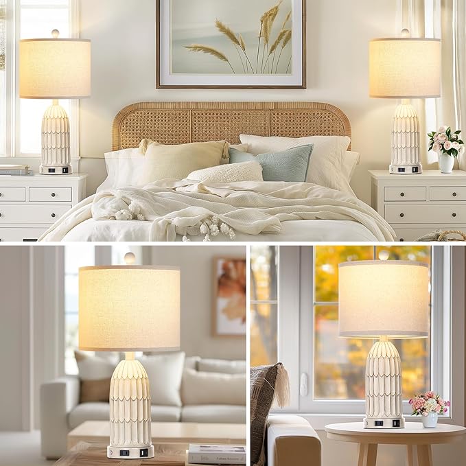 Farmhouse Table Lamps Set of 2, 3-Way Dimmable Touch Lamp for Bedroom Nightstand with USB A+C Ports & AC Outlet, White Vintage Boho Bedside Lamp for Living Room End Table (Bulbs Included)