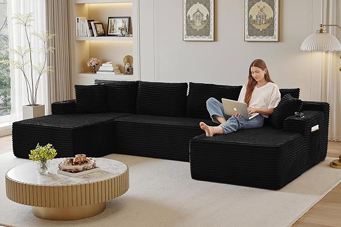 133" Couches for Living Room Deep-Seat Sectional Couch for Living Room Corduroy Boneless Couchs U-Shape Cloud Couch Flexible Modular Sectional Sofa with Chaise Lounge (Black, with Cup Holder)