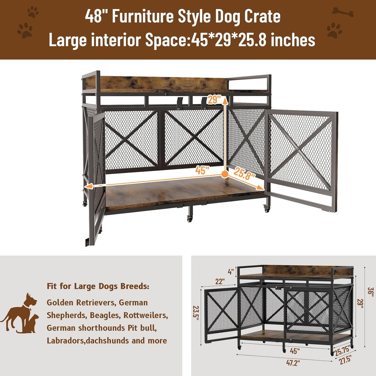 COZPAW Large Dog Crate Furniture, 48 Inch Wooden Dog Kennel for XLarge Dogs, Heavy Duty Dogs Furniture Indoor Wire Dog Cage with Caster Wheels, Decorative Pet House End Table, Brown