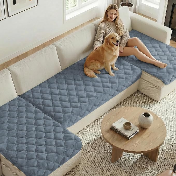 H.VERSAILTEX Chenille Couch Cover for Dogs Washable Soft Fuzzy Chaise Cover Sectional Couch Covers for L Shaped Sofa Both Left/Right Thick Pet Couch Cover Protector Non-Slip(Stone Blue, 34" x 68")