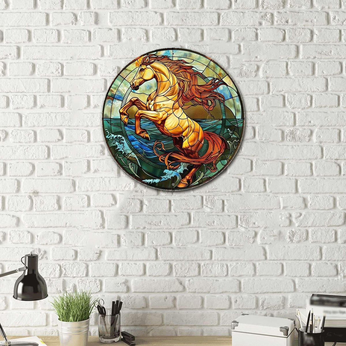 Lygond Metal Sign Tin Sign Circular Stained Glass Horse Boho Office Decor For Yard 8×8 Inches