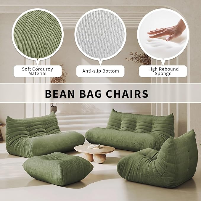 Bean Bag Chair for Adults,Armless Fireside Chair Comfy Corduroy Lazy Floor Sofa,Lounge Chair Lazy Sofa Couch Memory Foam Bean Bag for Living Room, Apartment Office,(Olive Green) 8 Seater