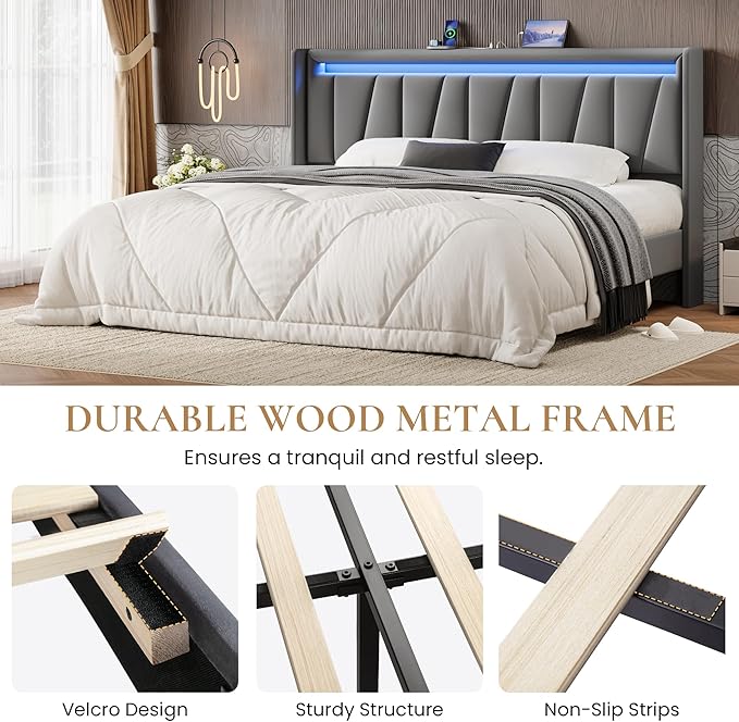 SHA CERLIN King Size Bed Frame with Charging Station and LED Lights, Modern Velvet Platform Bed with Upholstered Geometric Wingback Headboard, No Box Spring Needed, Easy Assembly, Grey