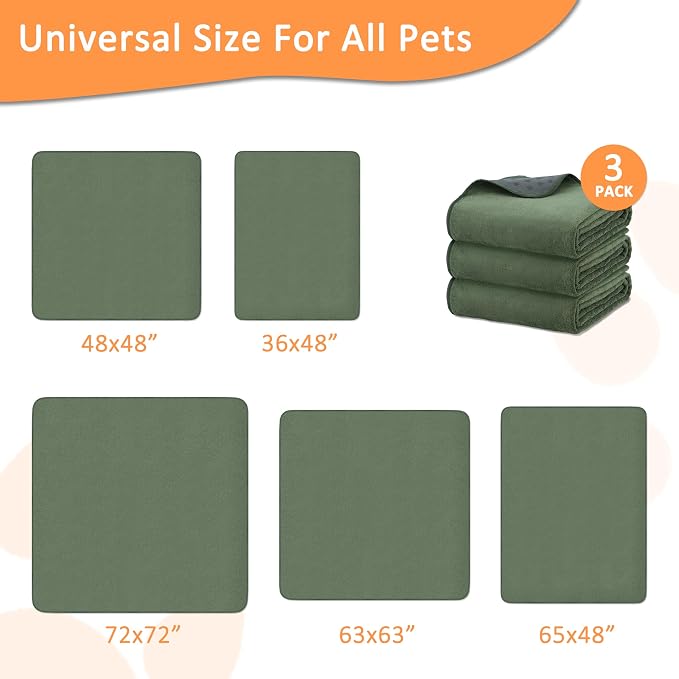 Bunlitent Reusable Pee Pads for Dogs, Whelping Pads, 63'' x 63'', 3 Packs | Green, Extra Large, Quick-Dry, Non-Slip, Waterproof, Fast Absorbent, Reusable Floor Mat, For Puppy, Senior Dog, Incontinence
